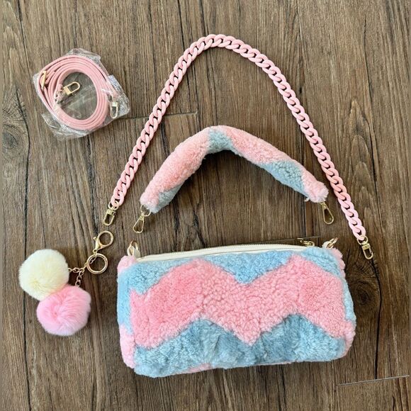 Handmade Colorblock Genuine Shearling Leather Barrel Bag & 3 Strap Styles - Picture 2 of 16